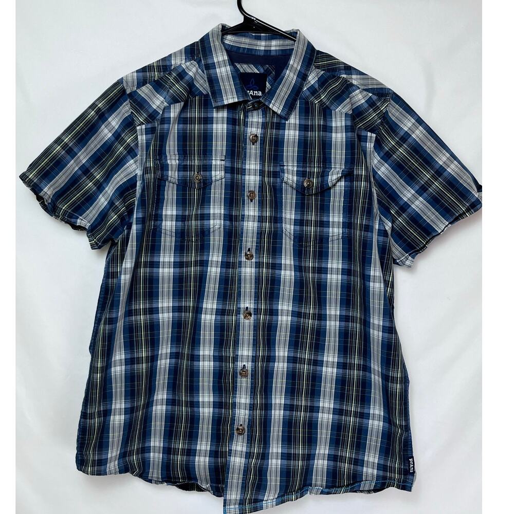 Prana Men's Blue/Gray Plaid Short Sleeve Preppy Casual Vacation Shirt - Large